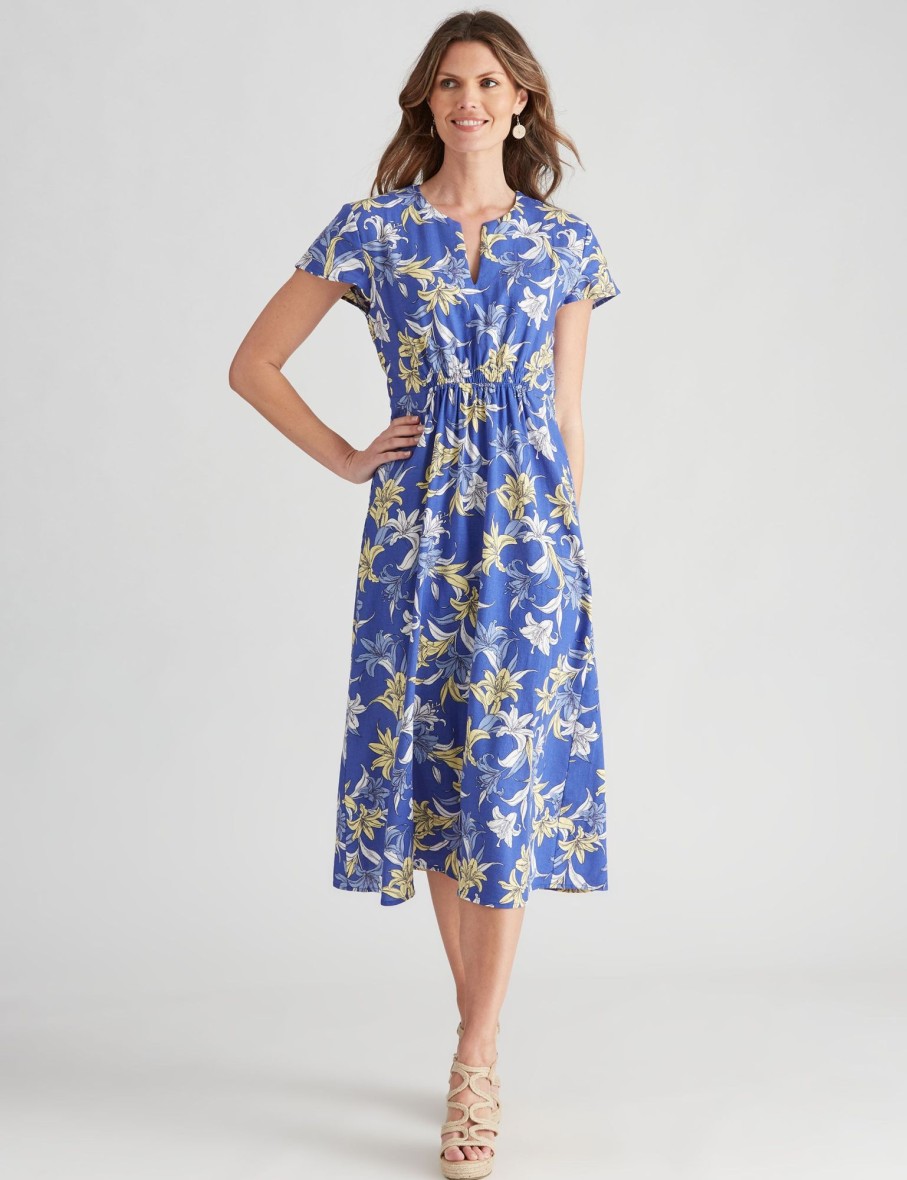 Dresses WLane | W.Lane Linen Floral Rouched Detail Dress