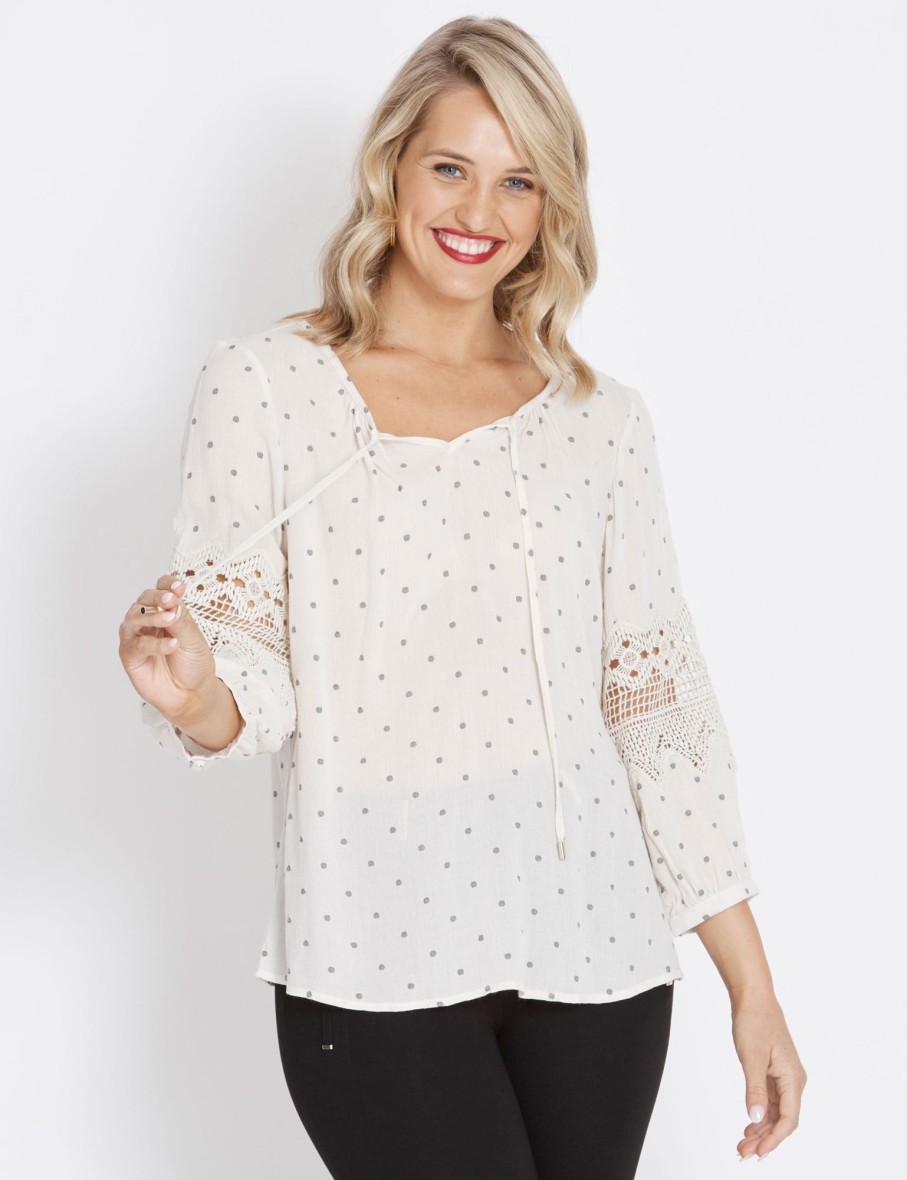 Tops Rockmans | Table Eight 3/4 Sleeve Lace Insert Blouse