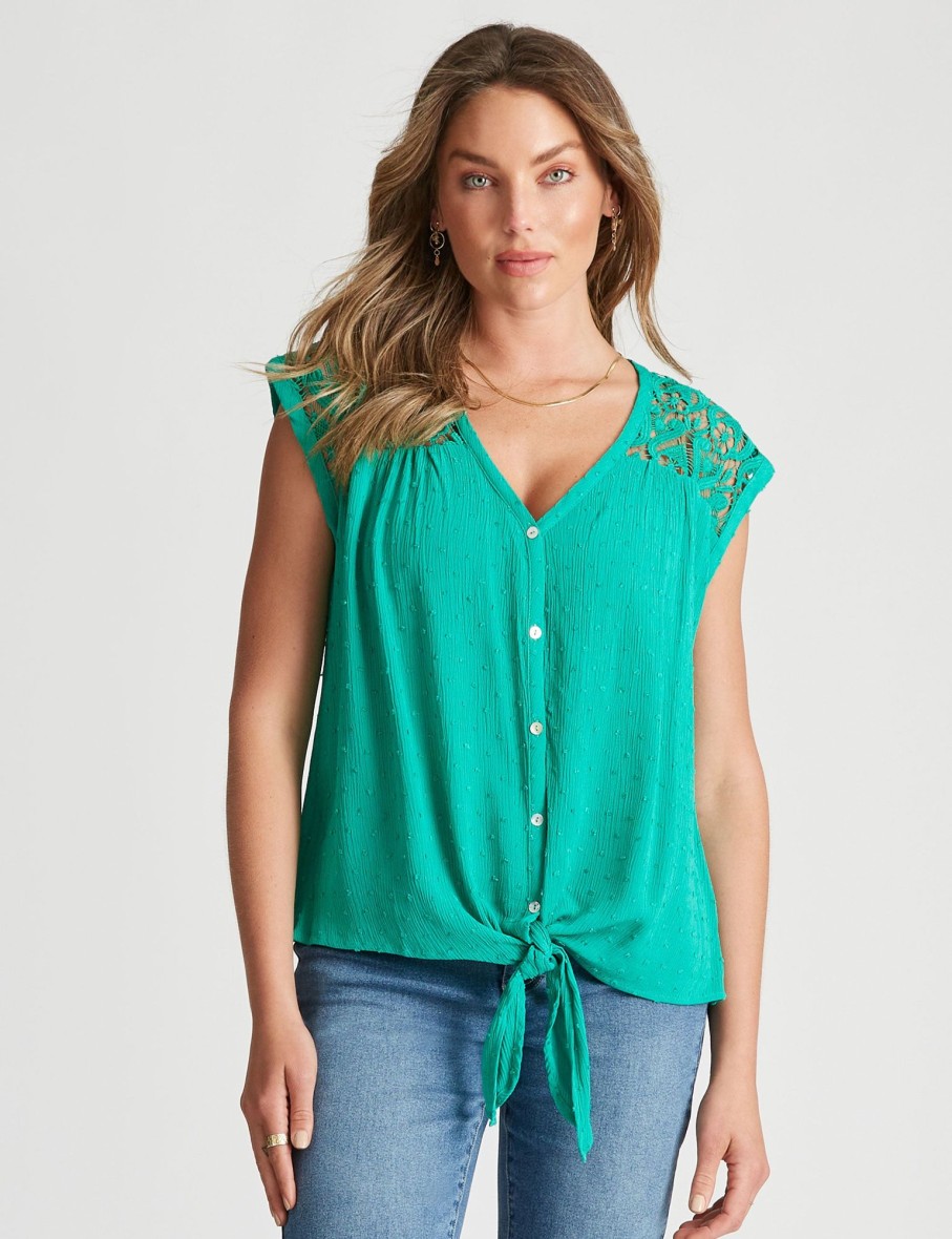 Tops Rockmans | Rockmans Extended Sleeve Woven Crochet Top