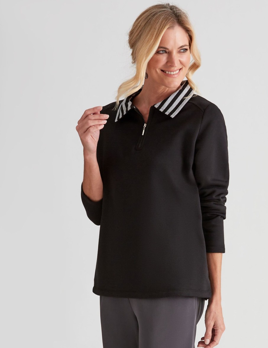 Tops NoniB | Stripe Collar Zip Fleece Top