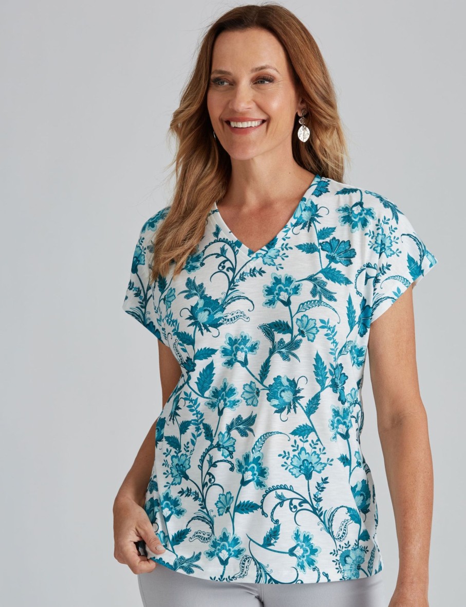 Tops Millers | Millers Short Sleeve Printed V-Neck Slub Top