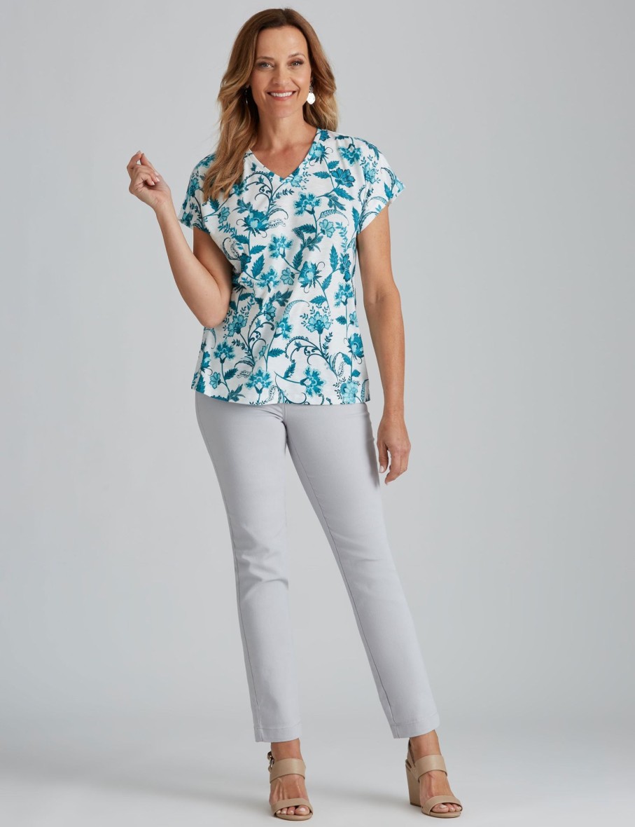 Tops Millers | Millers Short Sleeve Printed V-Neck Slub Top