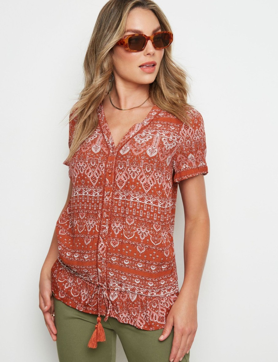 Tops Rockmans | Rockmans Woven Short Sleeve Peasant Top