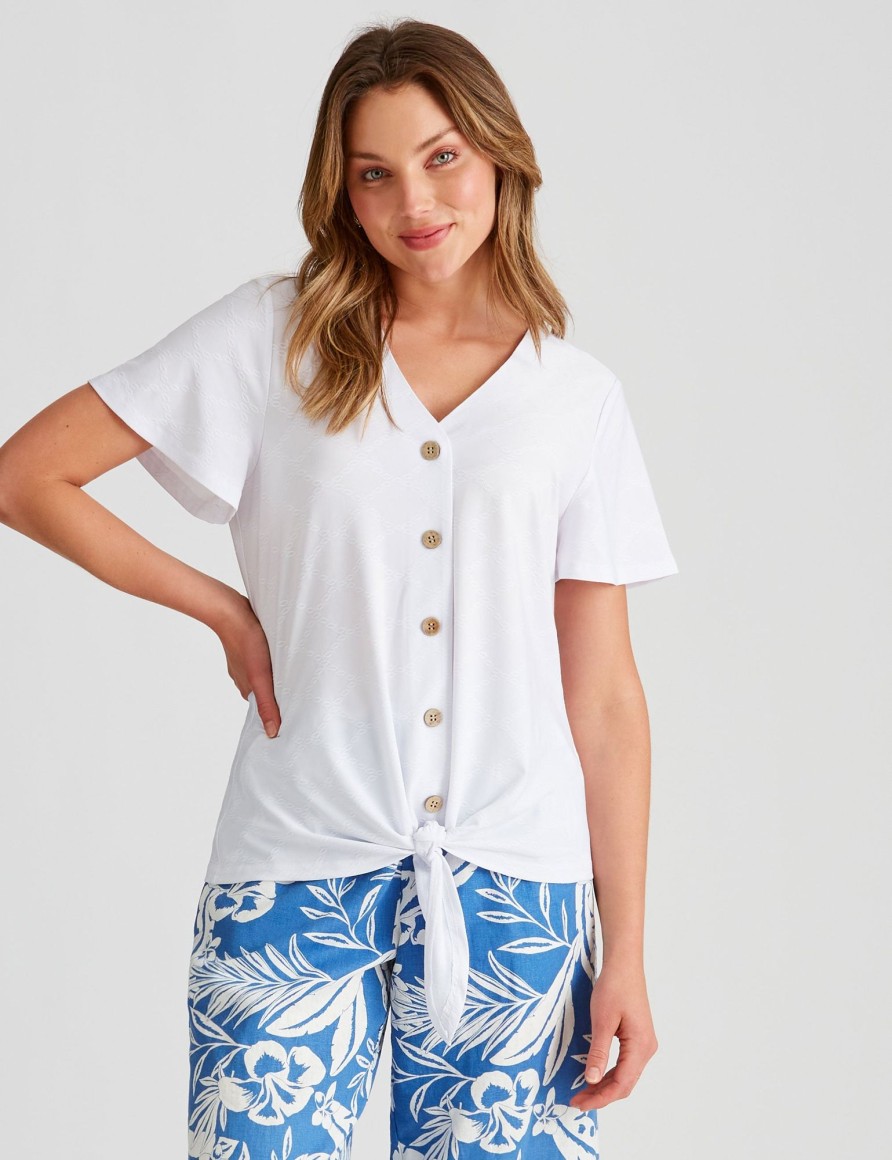 Tops Rockmans | Rockmans Embroidered Tie Top