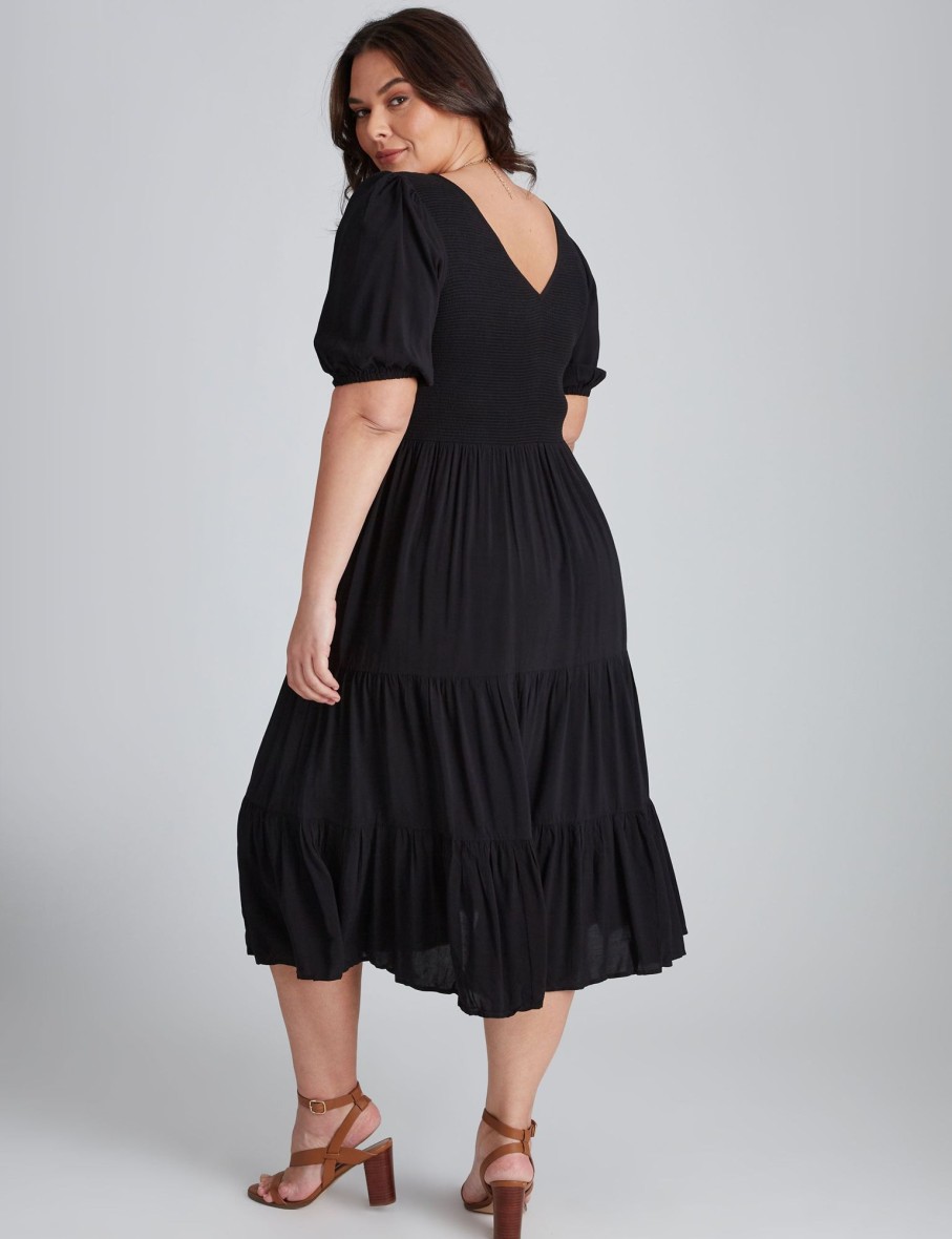 Dresses Autograph | Autograph Woven Elbow Sleeve V Neck Smocked Maxi Dress