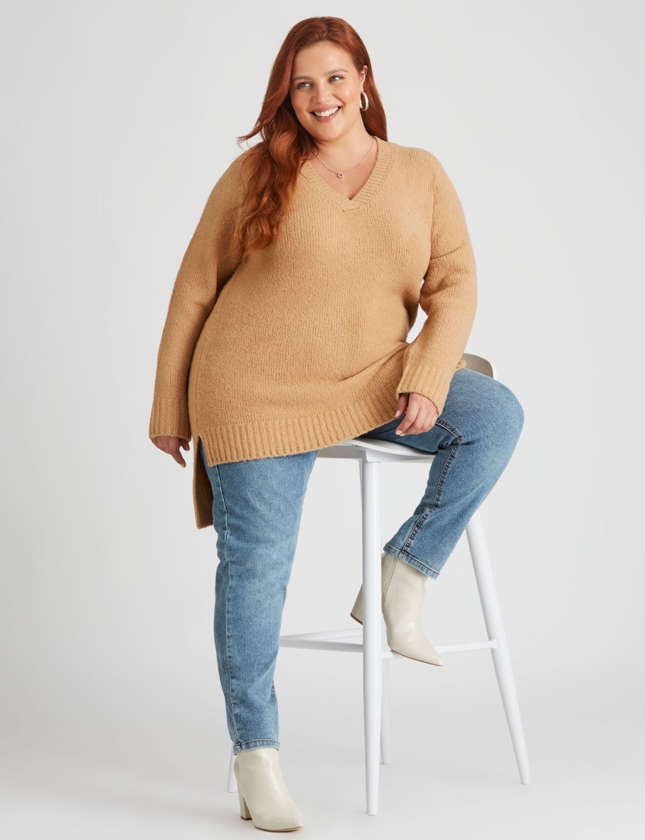 Knitwear Beme | Beme Stepped Hem V Neck Jumper