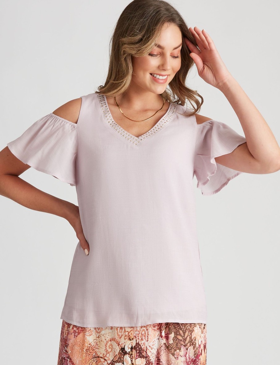 Tops Rockmans | Rockmans Short Sleeve Woven Cold Shoulder Top