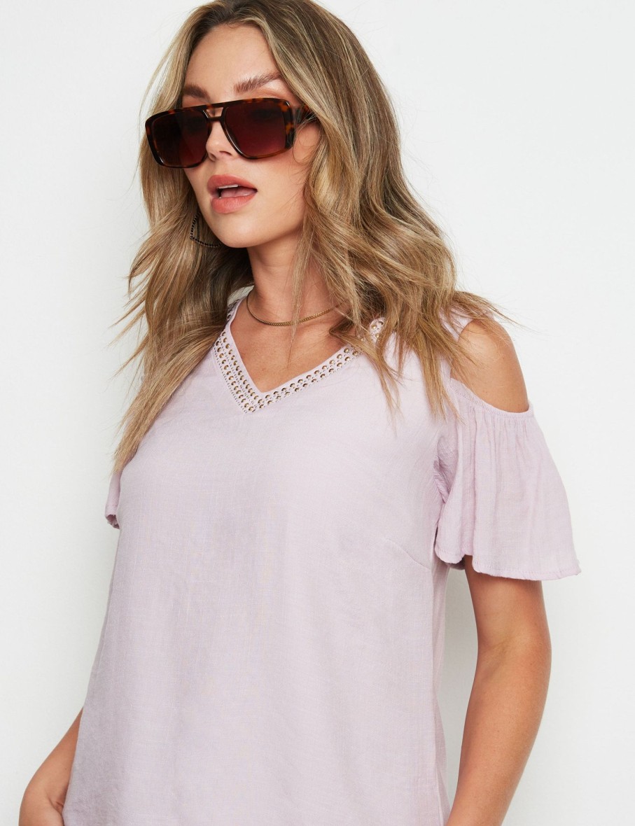 Tops Rockmans | Rockmans Short Sleeve Woven Cold Shoulder Top