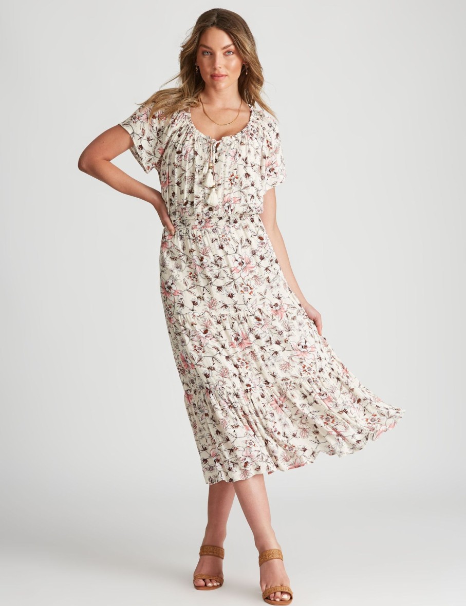 Dresses Rockmans | Rockmans Cap Flutter Sleeve Midi Dress