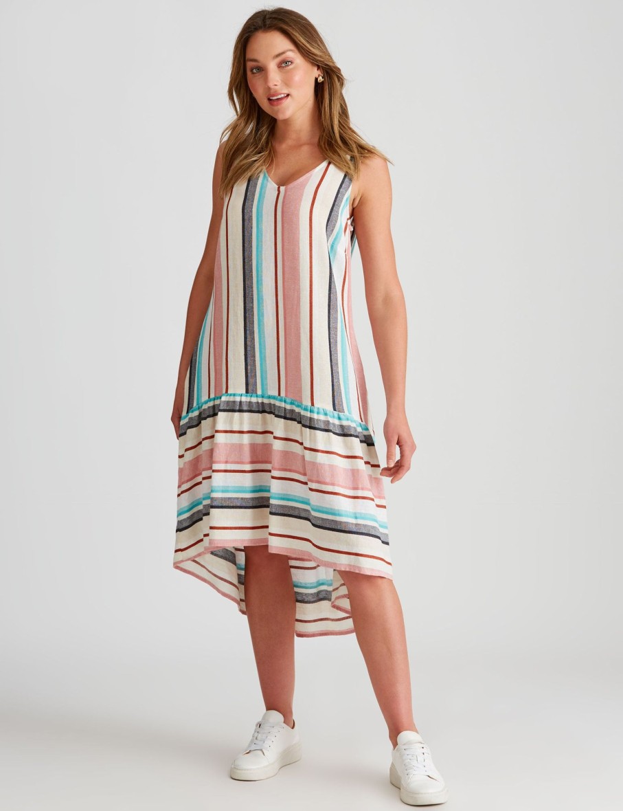 Dresses Rockmans | Rockmans Sleeveless Linen High Low Frill Hem Dress