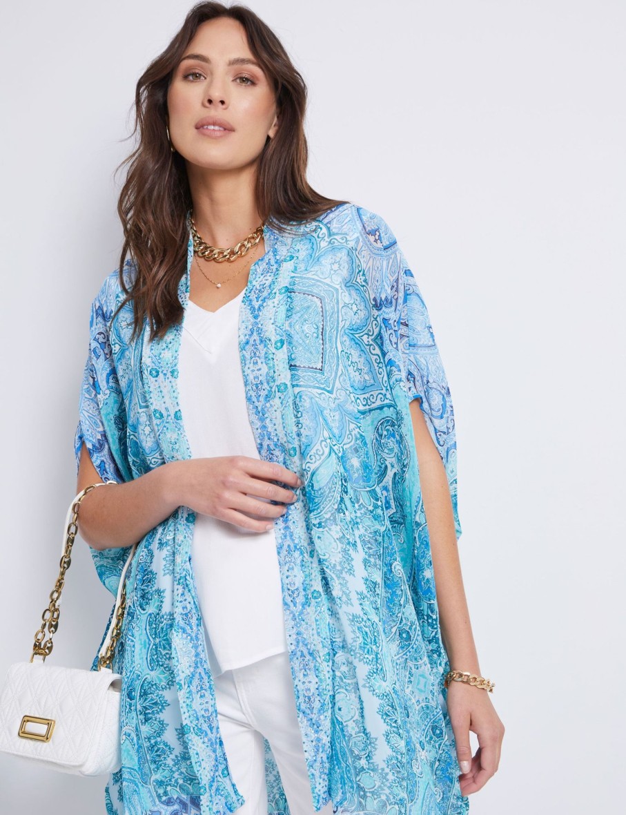 Outerwear Katies | Katies Printed Beaded Kimono