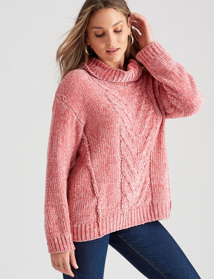 Knitwear Rockmans | Rockmans Long Sleeve Chenille Cowl Knitwear Top