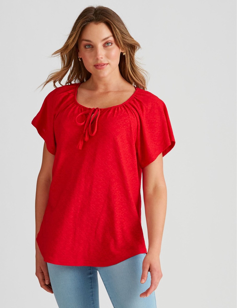 Tops Rockmans | Rockmans Embroidered Knit Tassel Top