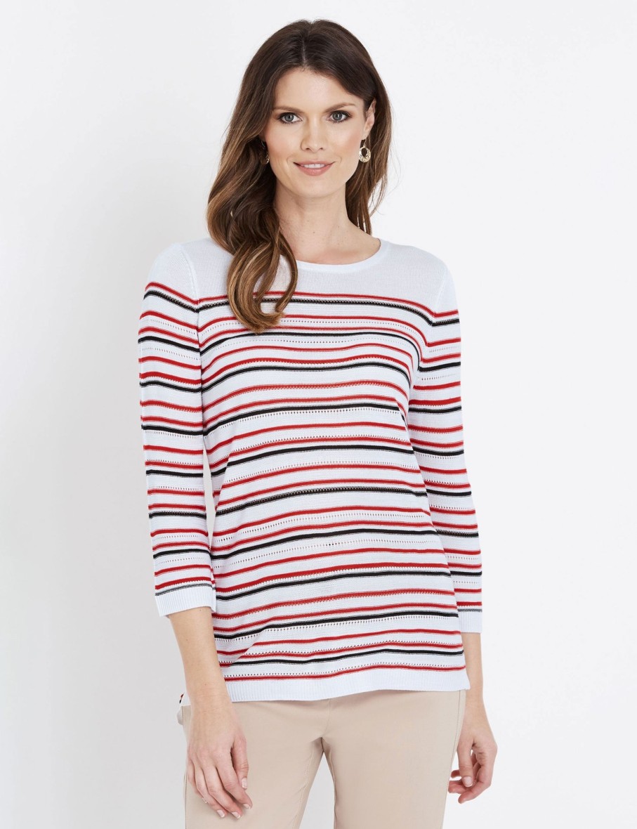 Knitwear WLane | W.Lane Pointelle Stripe 3/4 Sleeve Knitwear Top