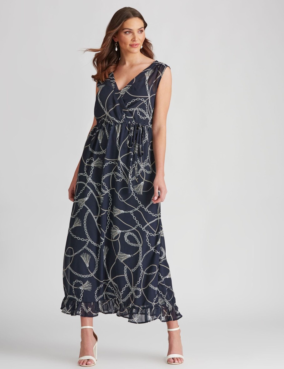 Dresses LizJordan | Liz Jordan V Neck Waist Tie Maxi Dress