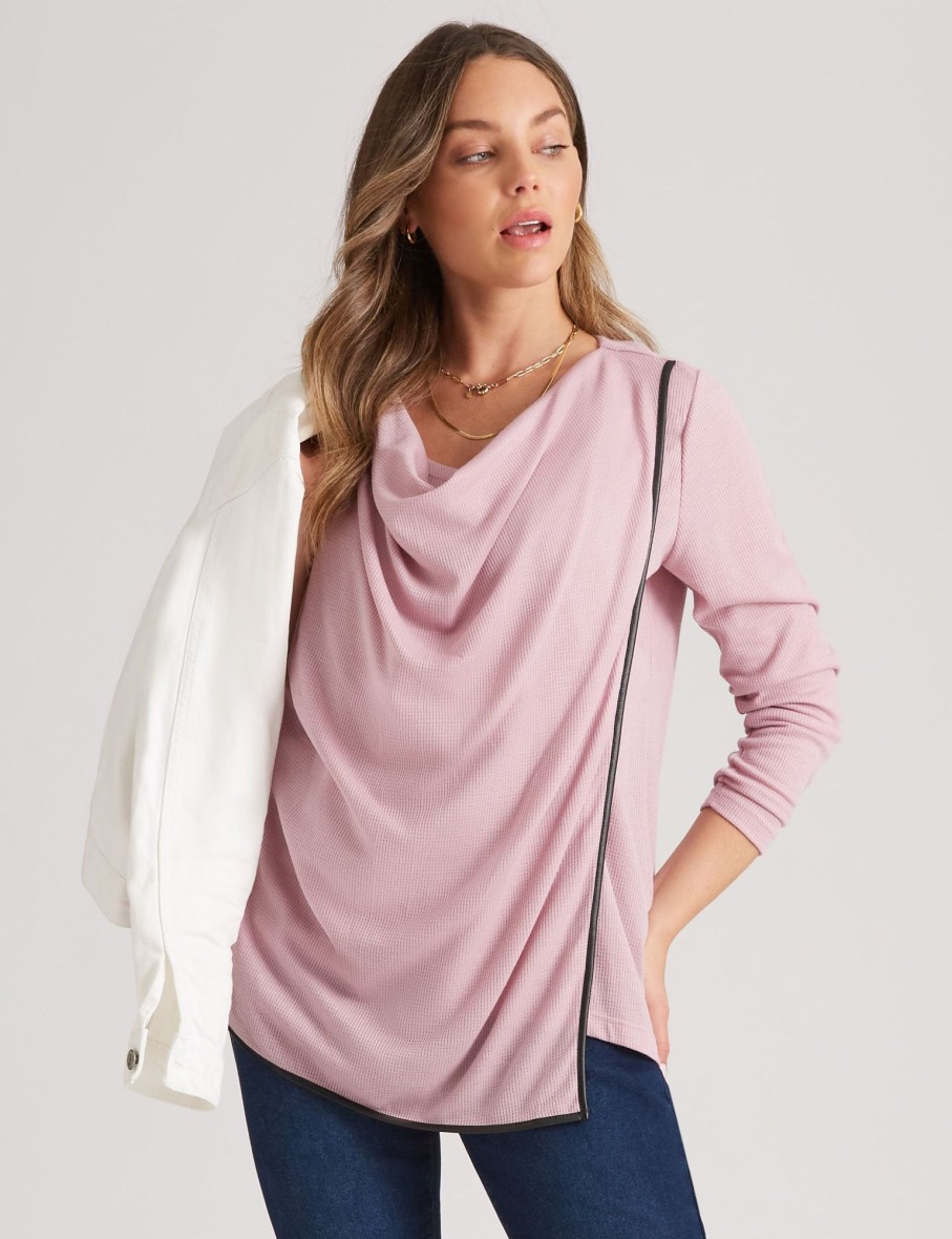 Tops Rockmans | Rockmans Long Sleeve Cowl Neck Contrast Trim Top