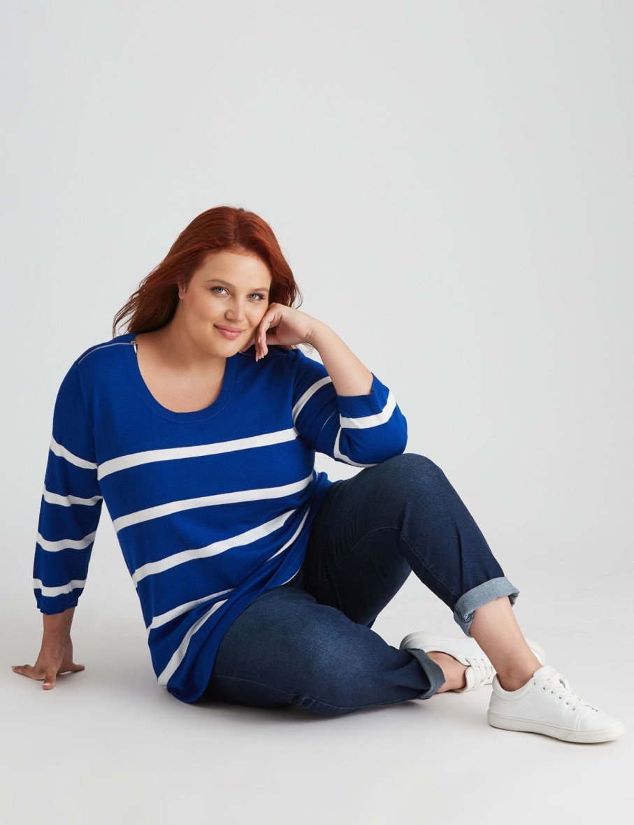 Knitwear Beme | Beme 3/4 Sleeve Stripe Zip Shoulder Jumper