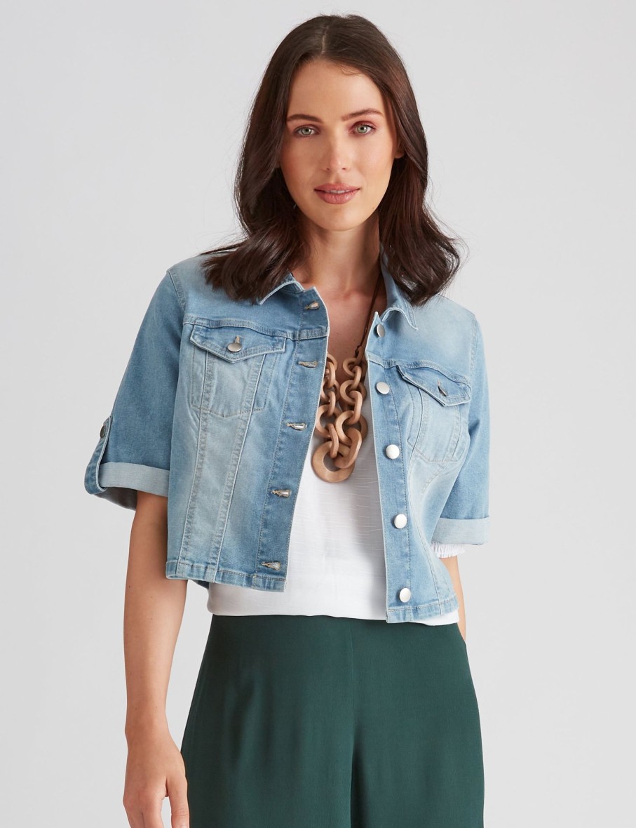 Outerwear Katies | Katies Elbow Sleeve Crop Denim Jacket