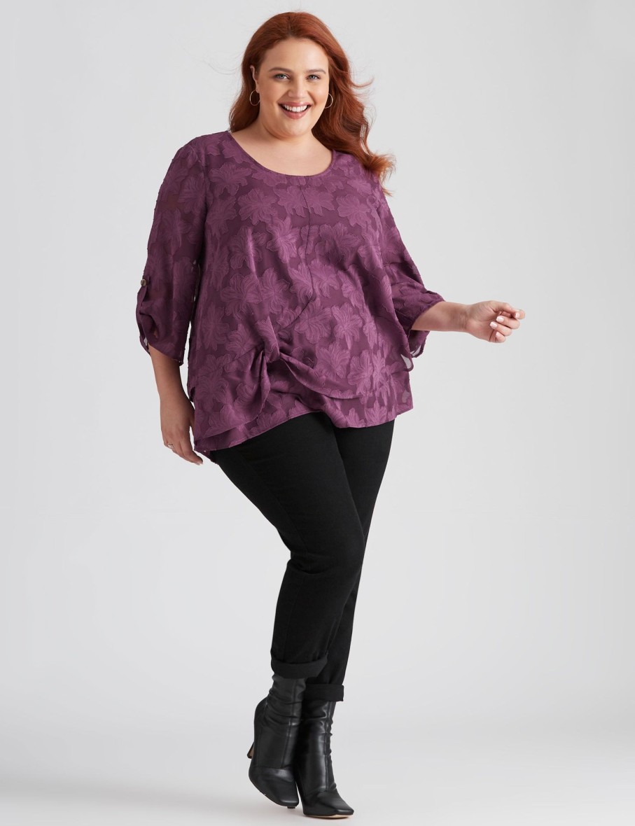 Tops Beme | Beme 3/4 Drag Up Sleeve Burnout Double Layer Top