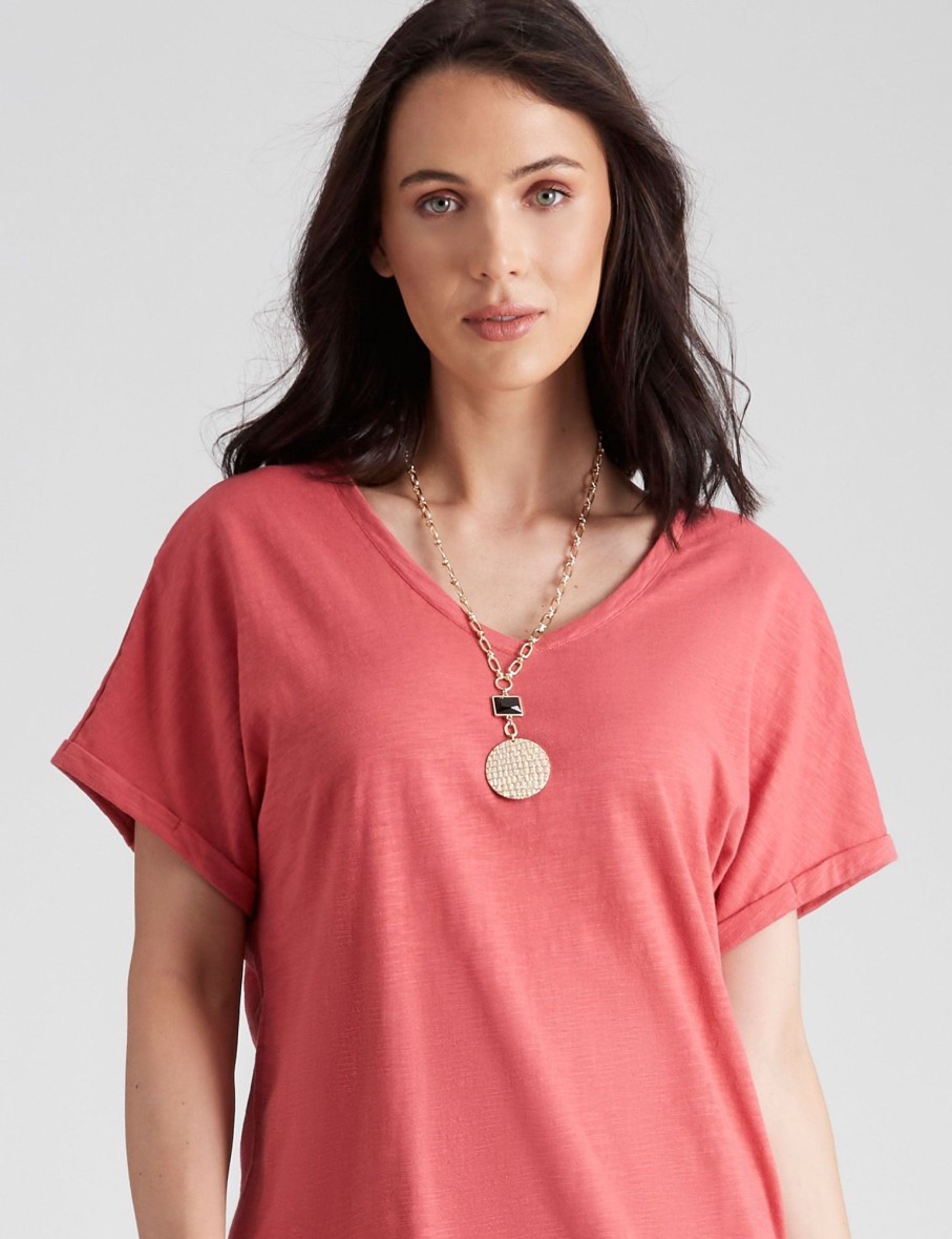 Tops Katies | Katies Short Sleeve Cotton Slub V-Neck T-Shirt