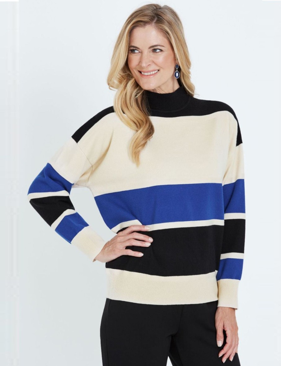 Knitwear NoniB | Noni B Long Sleeve Mock Neck Stripe Jumper