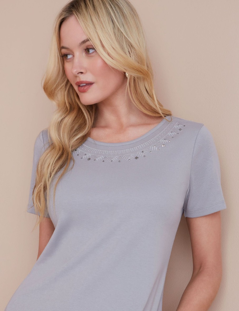 Tops NoniB | Round Neck Embroidered Rib Tee