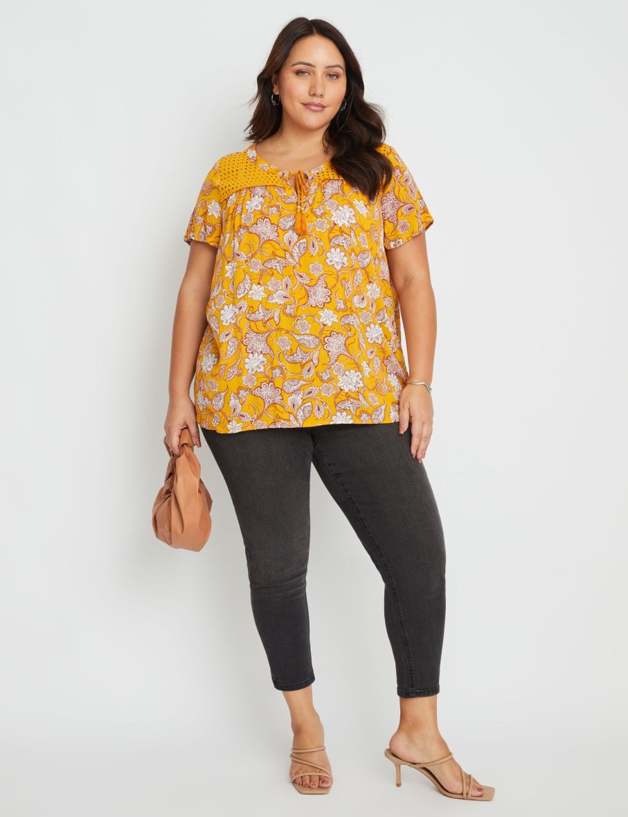 Tops Beme | Beme Flutter Sleeve Woven Lace Yoke Top