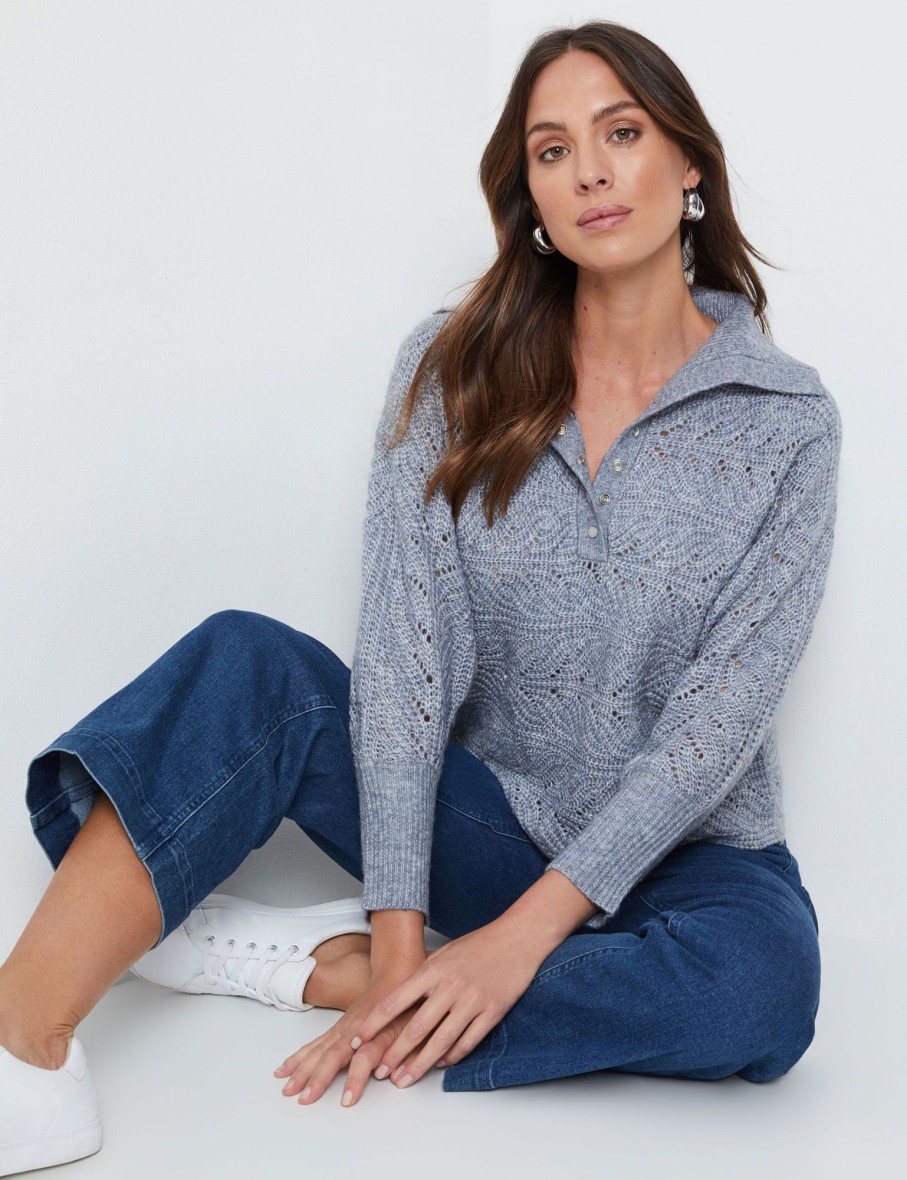 Knitwear Katies | Katies Long Sleeve Half Placket Crochet Cable Jumper