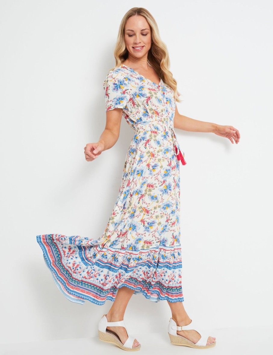 Dresses Rivers | Rivers Short Sleeve Border Print Maxi Dress