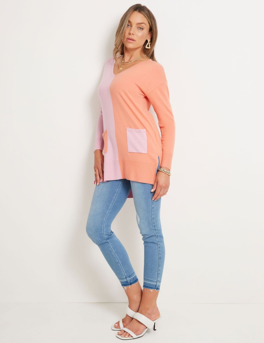 Knitwear Rockmans | Rockmans Long Sleeve V Neck Colourblock Jumper