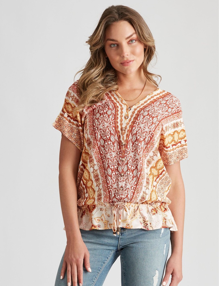 Tops Rockmans | Rockmans Short Extended Sleeve Woven Peplum Top