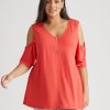 Tops Beme | Beme Cold Shoulder Zipped Front Lace Trim Top