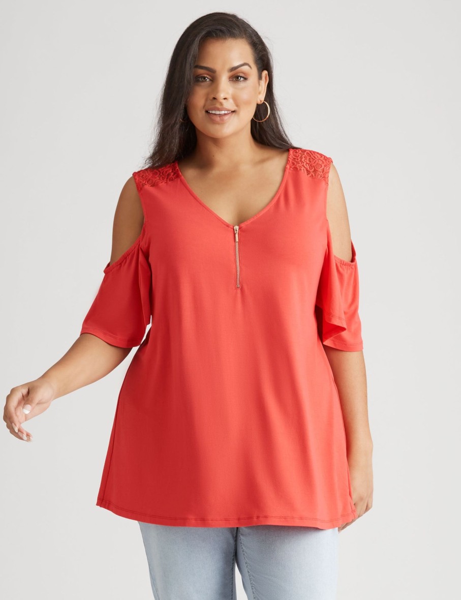 Tops Beme | Beme Cold Shoulder Zipped Front Lace Trim Top