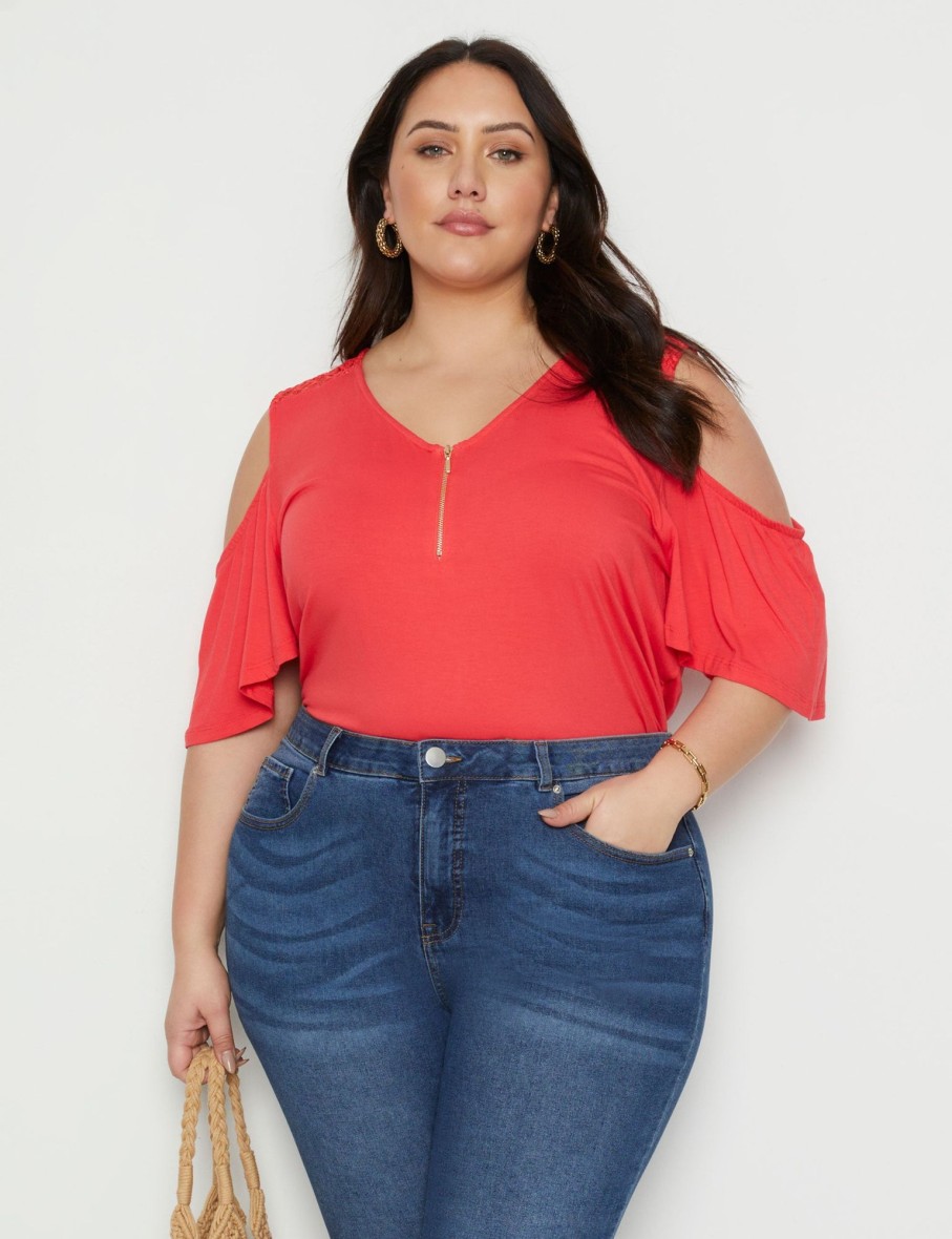 Tops Beme | Beme Cold Shoulder Zipped Front Lace Trim Top