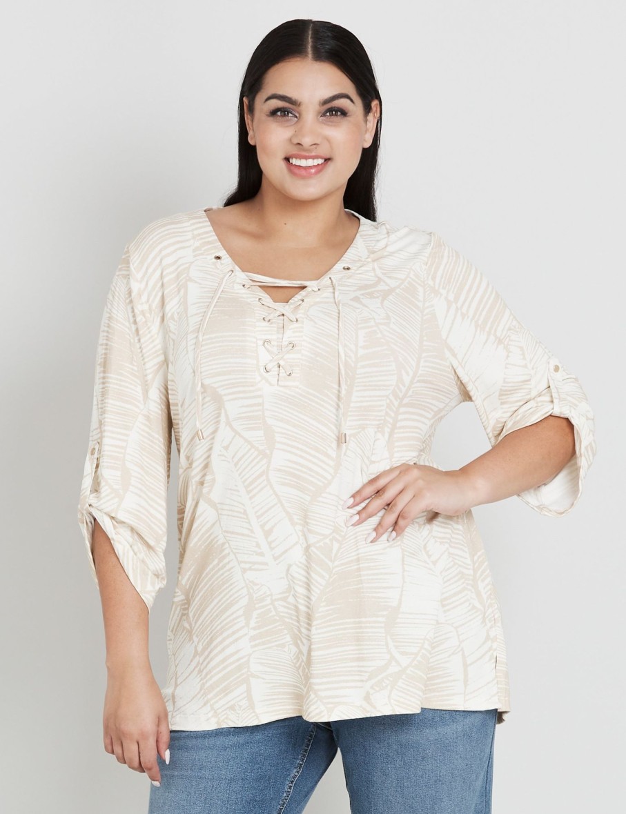 Tops Beme | Beme Elbow Sleeve Lace Up Shirt Style Top