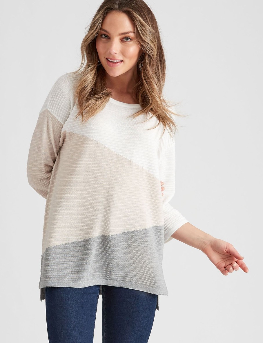 Knitwear Rockmans | Rockmans 3/4 Sleeve Spliced Ottoman Knitwear Top