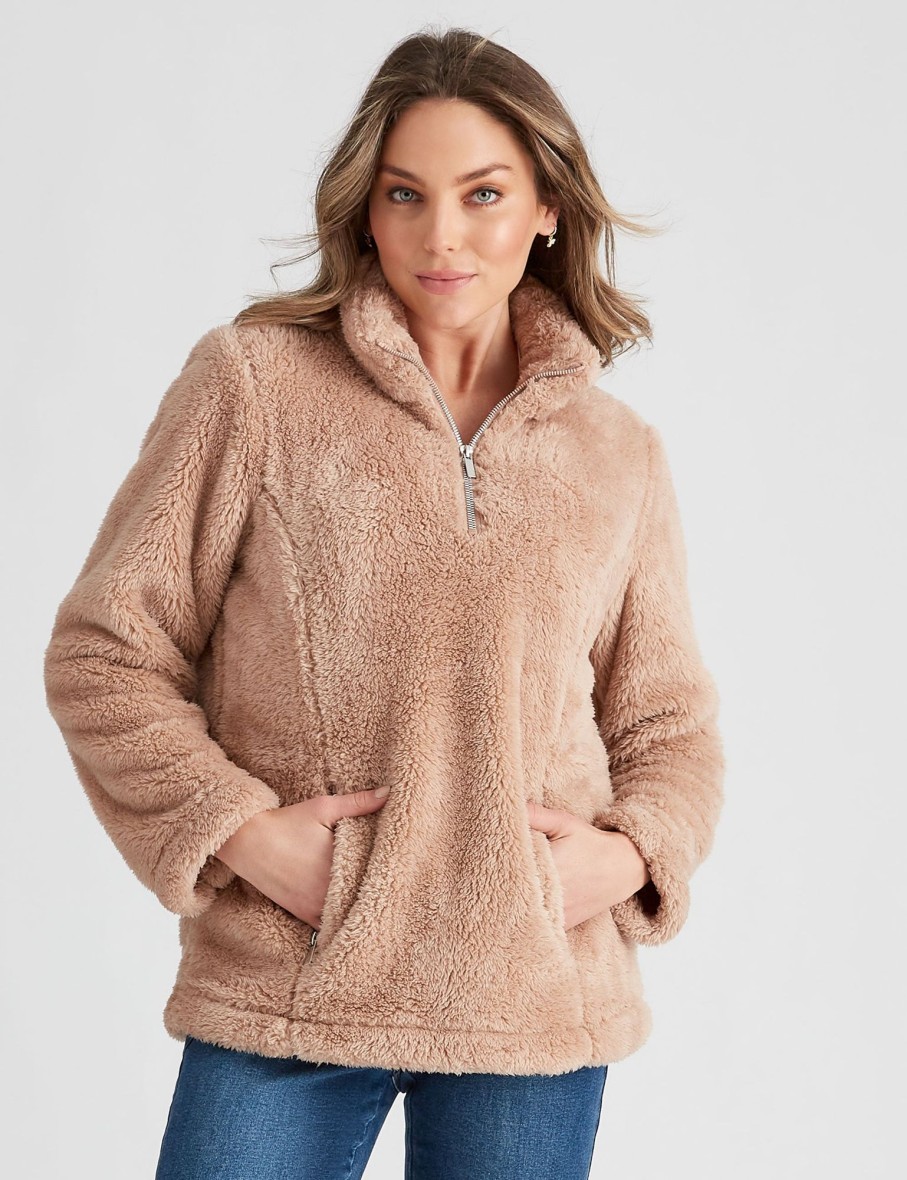 Outerwear Rockmans | Rockmans Long Sleeve Half Zipped Teddy Fleece Top