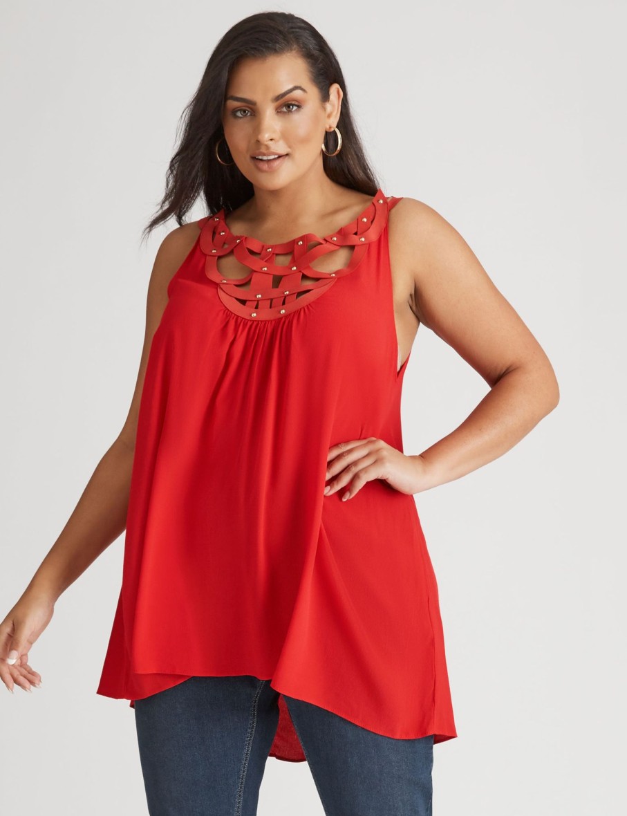 Tops Beme | Beme Sleeveless Woven Motif Neck Nailhead Top