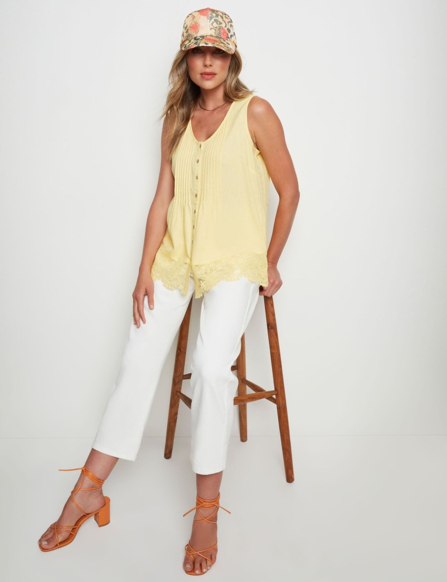 Tops Rockmans | Rockmans Sleeveless Linen Lace Hem Tankini