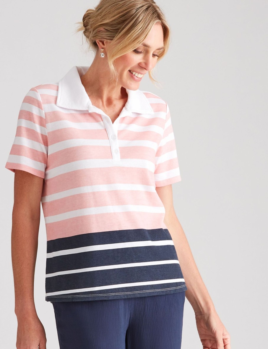 Tops NoniB | Noni B Short Sleeve Print Stripe Polo