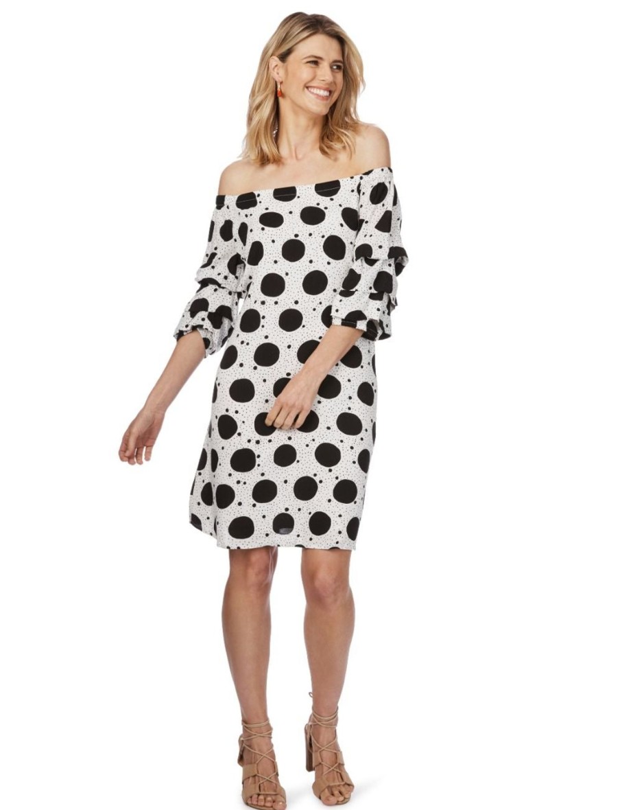 Dresses Rockmans | Rockmans 3/4 Sleeve Off Shoulder Spot Dress