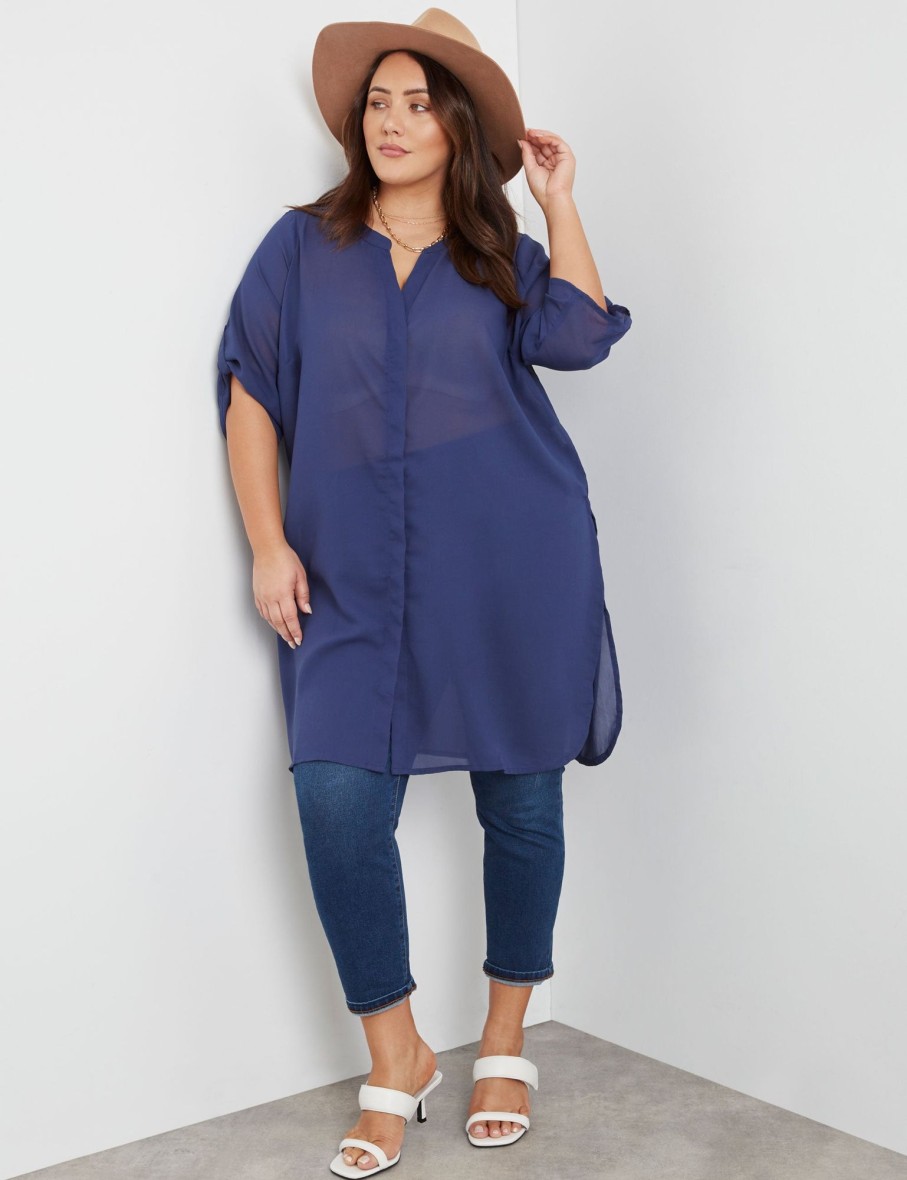 Tops Beme | Beme Longline Elbow Sleeve Sheer Woven Shirts