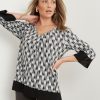 Tops Rockmans | Rockmans 3/4 Sleeve Curved Hem V Neck Mix Media Top