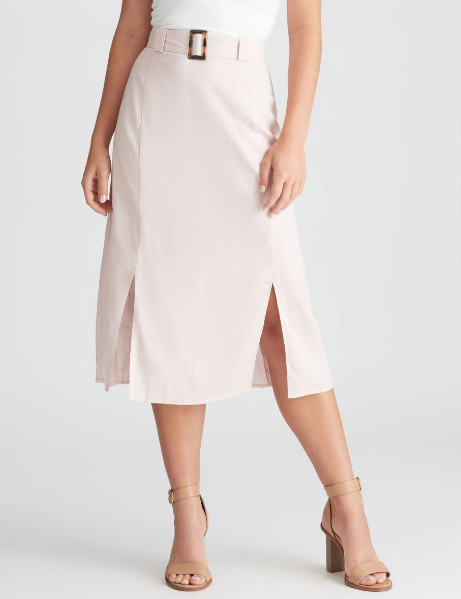 Bottoms Rockmans | Rockmans Belted Linen Midi Skirt