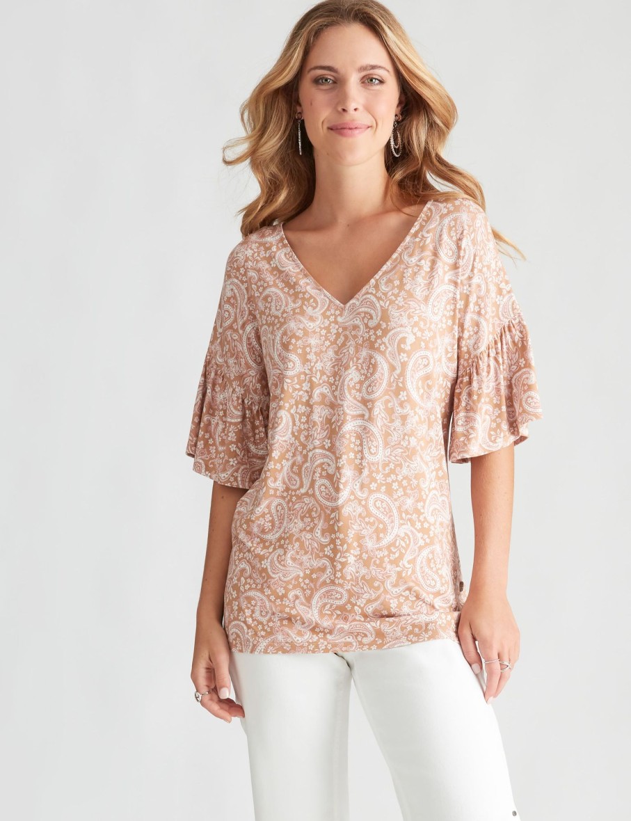 Tops Rockmans | Rockmans Elbow Frill Sleeve Print Top