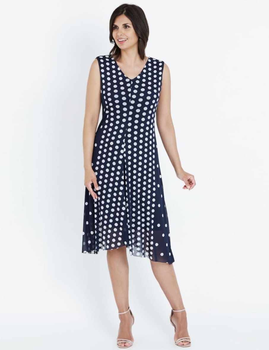 Dresses LizJordan | Liz Jordan Short Sleeveless V Neck Spot Mesh Dress