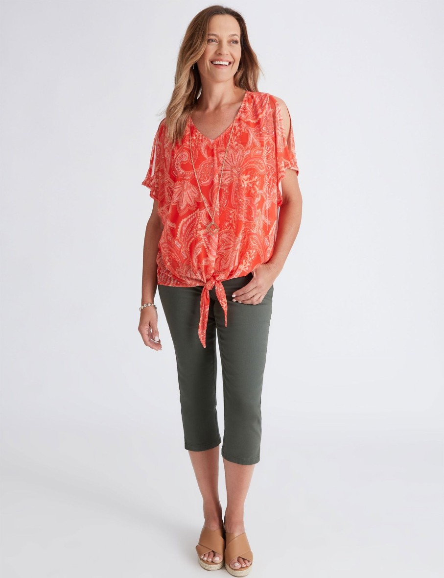 Tops Millers | Millers Mesh Overlay Top With Tie Front And Necklace