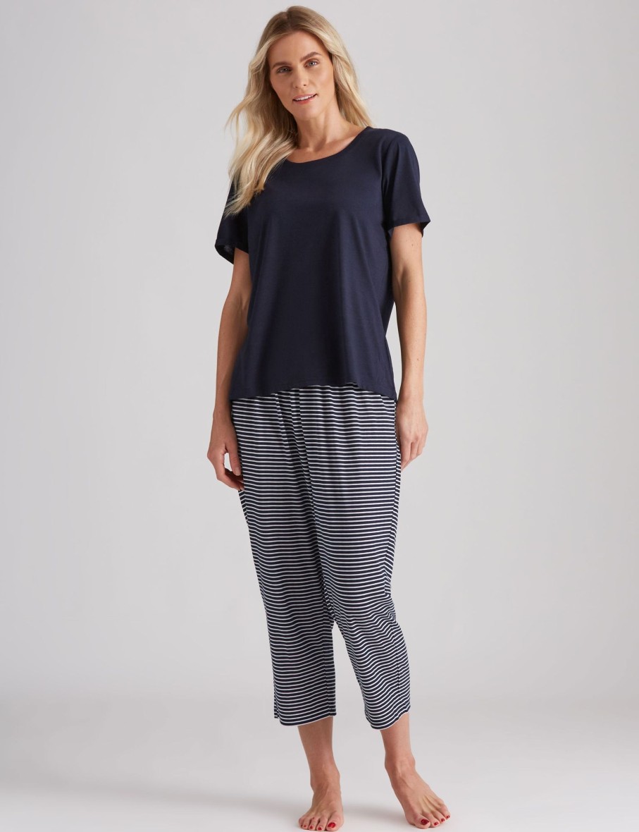 Tops Millers | Millers Plain Top With Stripe Crop Pyjama Bottoms