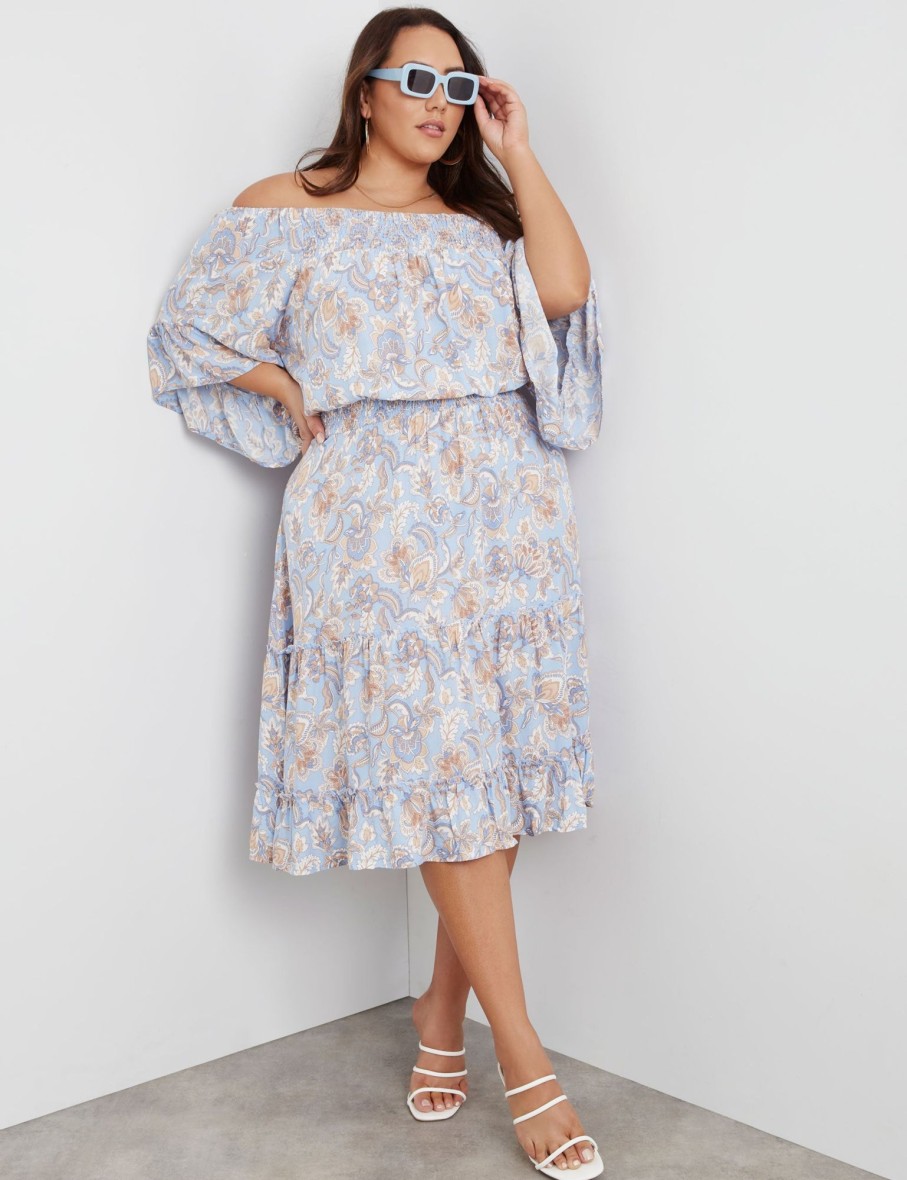 Dresses Beme | Beme Elbow Flared Sleeve Knee Length Shirred Dress