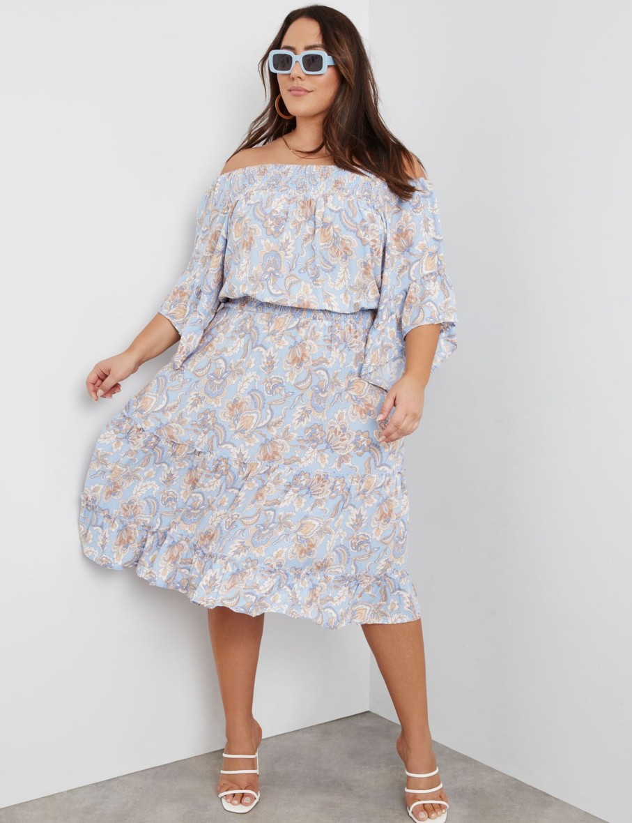 Dresses Beme | Beme Elbow Flared Sleeve Knee Length Shirred Dress